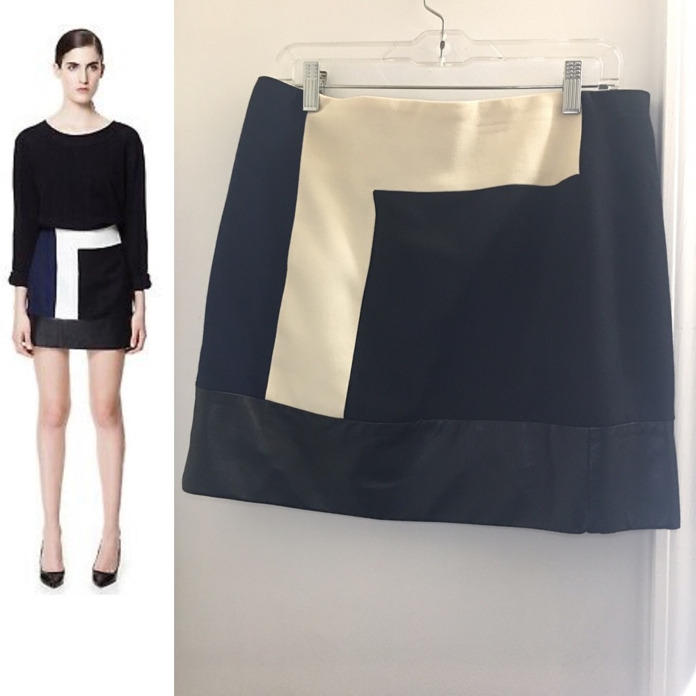 NWT Zara Navy Cream & Black Lambskin Skirt | Large